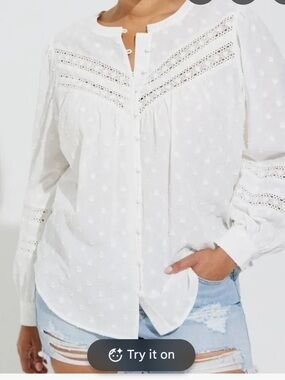 Torrid Cotton Clip Dot Lace Trim Long Sleeve Top White